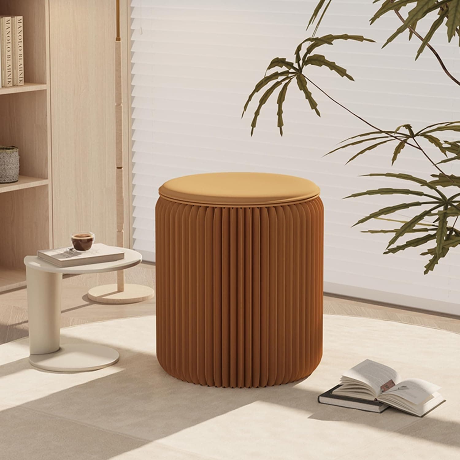 HELLOpoper Creative Fashion Cowhide Round Stool,Foldable,No Assembly Required,Suitable for Various Scenarios:Living Room,Bedroom,Exhibition,