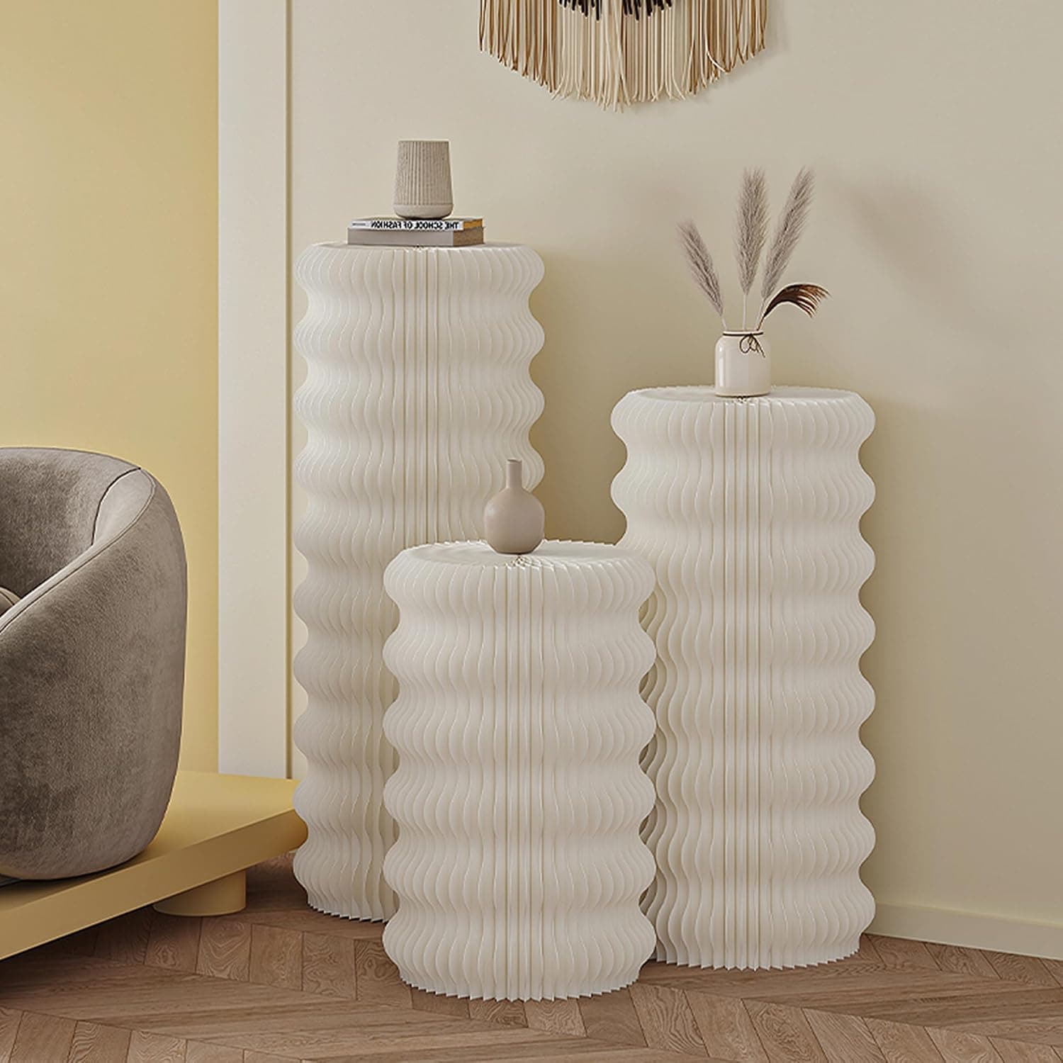 HELLOpoper Foldable Cylinder Pedestal Stands, Kraft Paper Display Stand for Store,Wedding,Party,Exhibition,Multifunctional Portable Table for Cake、Plants ArtworksJewelry