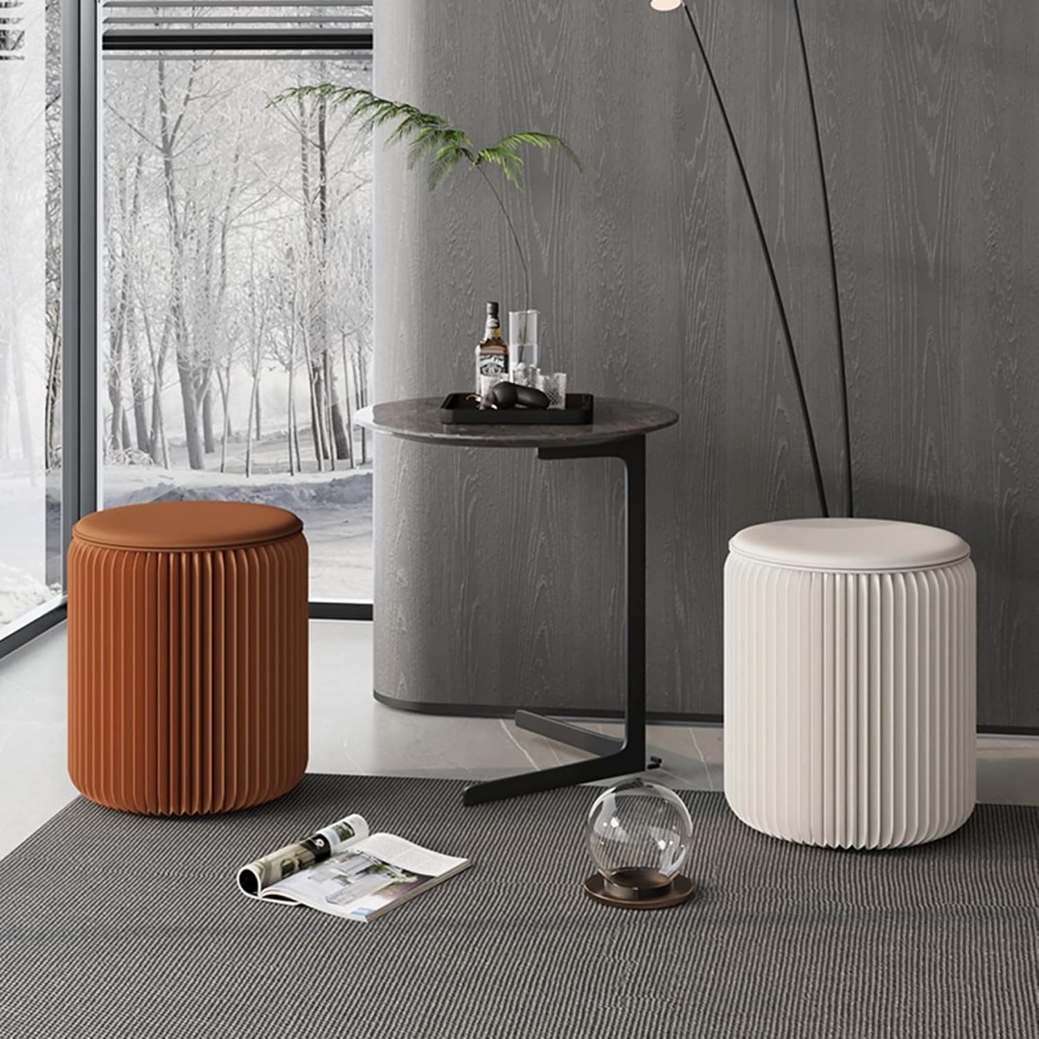 HELLOpoper Creative Fashion Cowhide Round Stool,Foldable,No Assembly Required,Suitable for Various Scenarios:Living Room,Bedroom,Exhibition,
