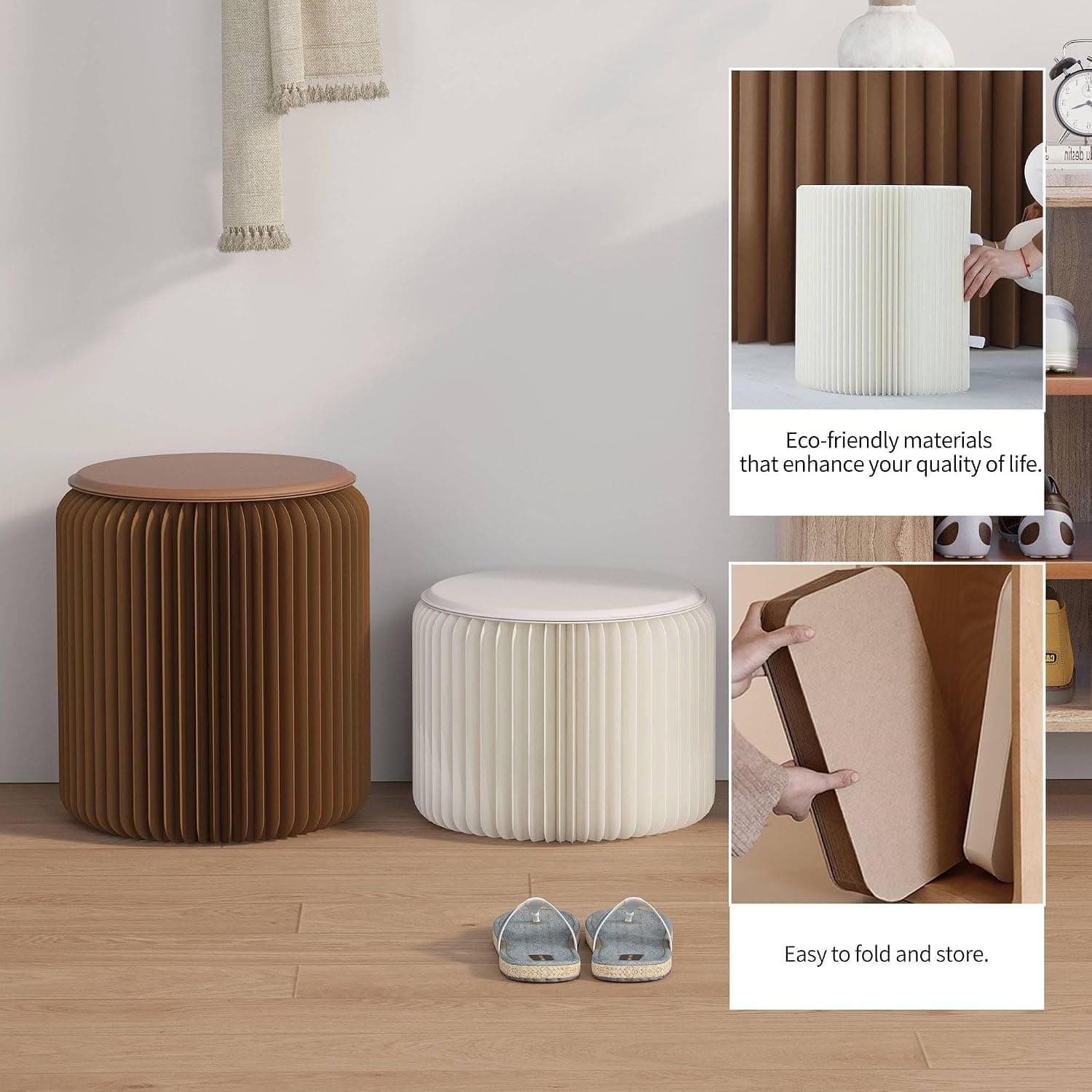 HELLOpoper Creative Fashion Cowhide Round Stool,Foldable,No Assembly Required,Suitable for Various Scenarios:Living Room,Bedroom,Exhibition,