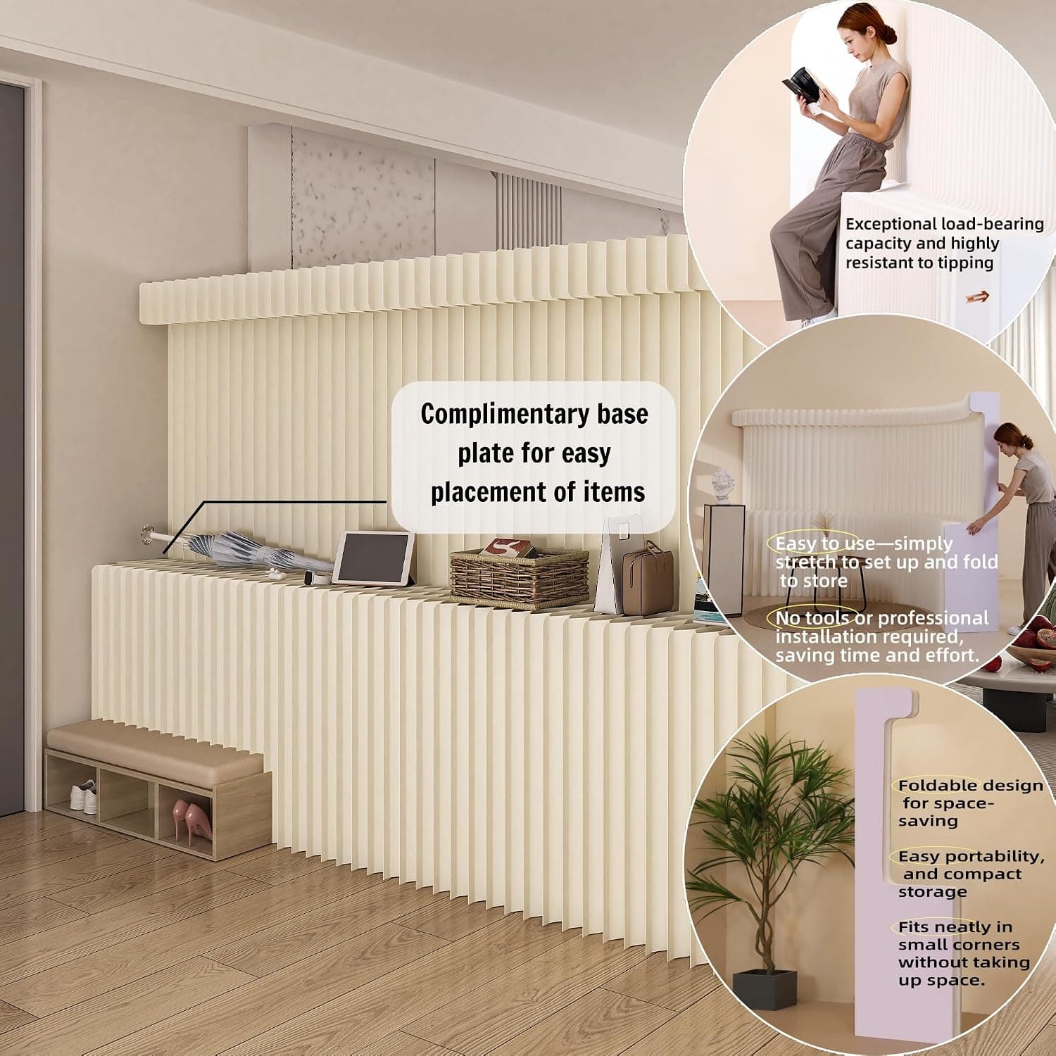 Foldable Room Divider Multi-Functional Kraft Paper Partition Wall with Shelf – No Installation Needed Suitable for Beauty Salons, Exhibition Halls, Living Rooms, Offices