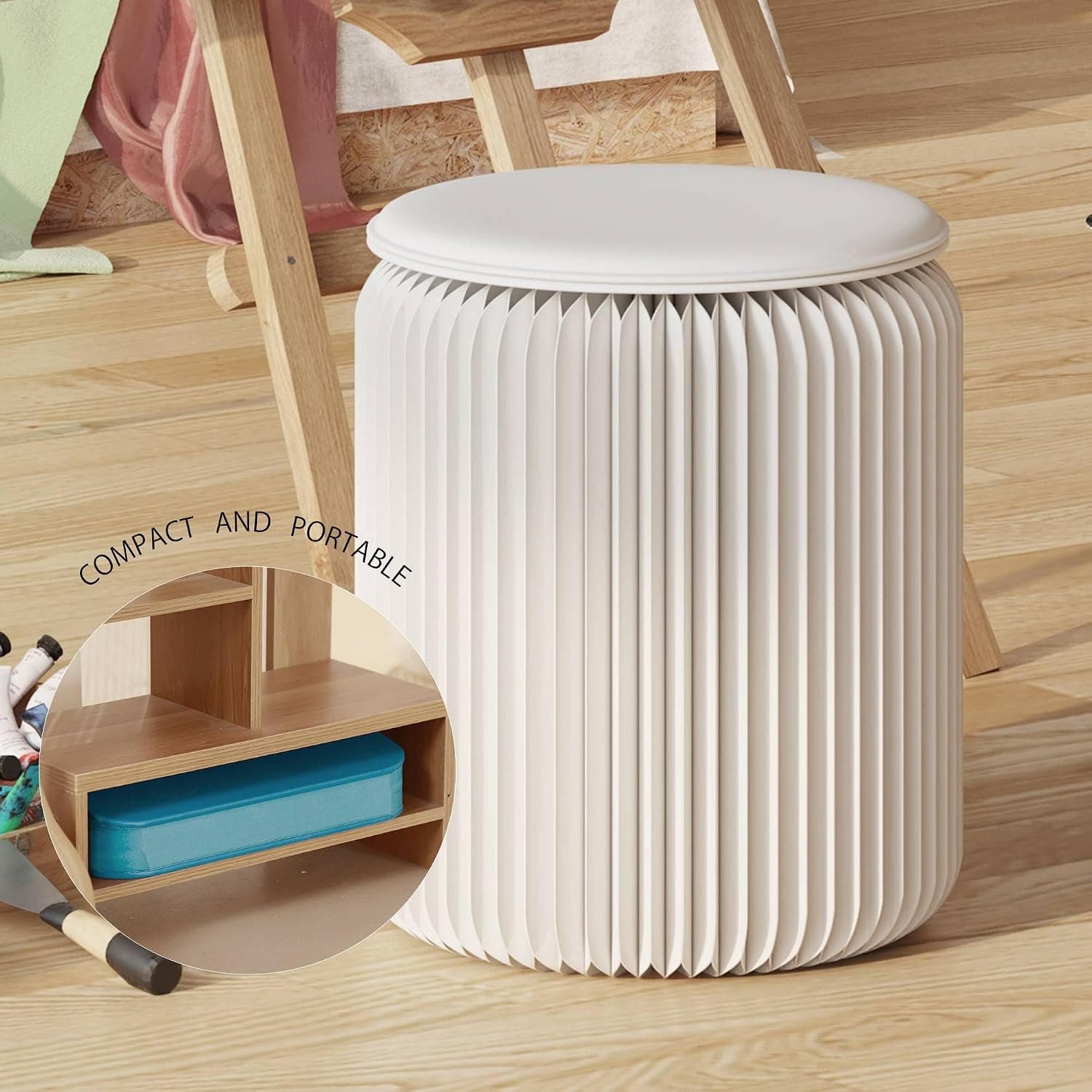 HELLOpoper Creative Fashion Cowhide Round Stool,Foldable,No Assembly Required,Suitable for Various Scenarios:Living Room,Bedroom,Exhibition,
