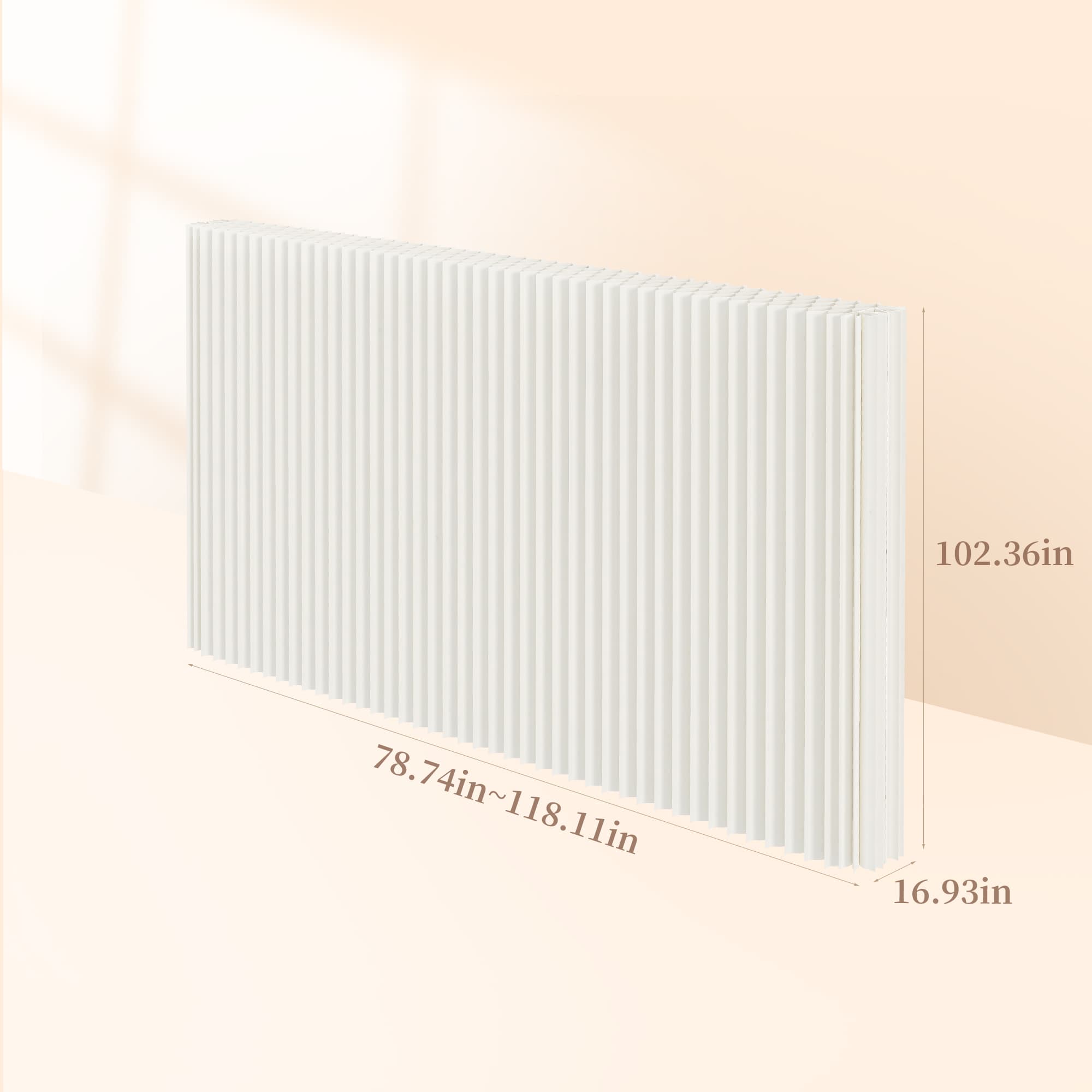 White foldable room divider, 2.6 m high × 3 m long