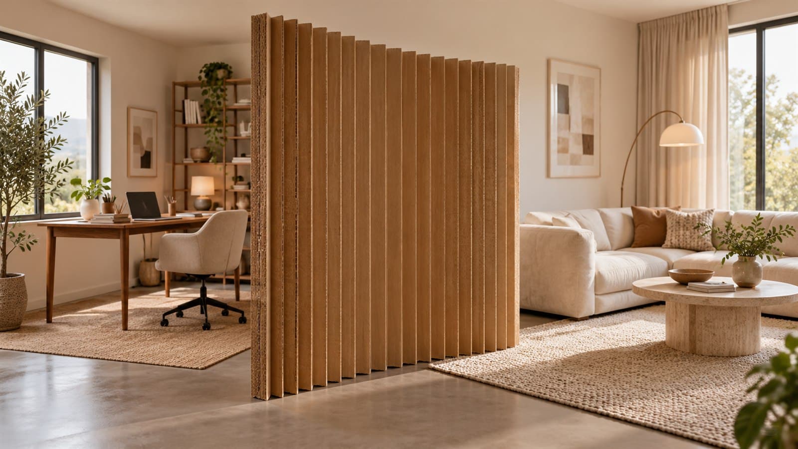 Foldable kraft paper room divider separating a home office and living room