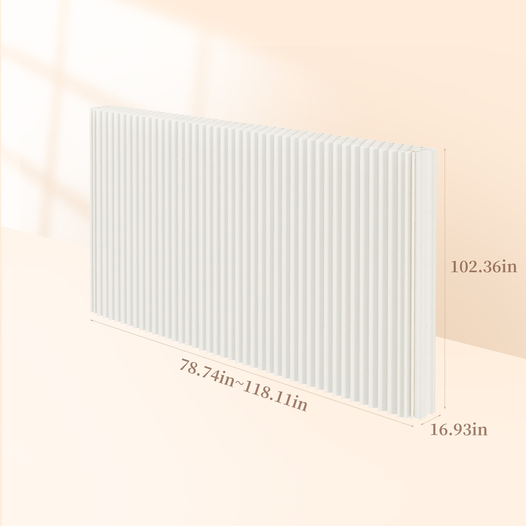 White foldable room divider, 2.6 m high × 3 m long