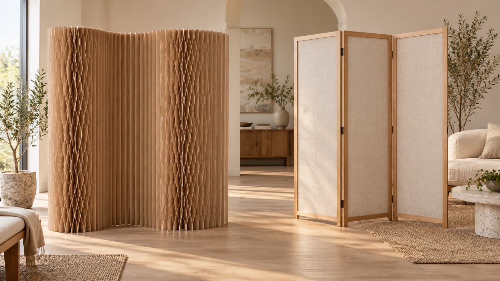 Kraft paper accordion divider beside a traditional framed folding screen