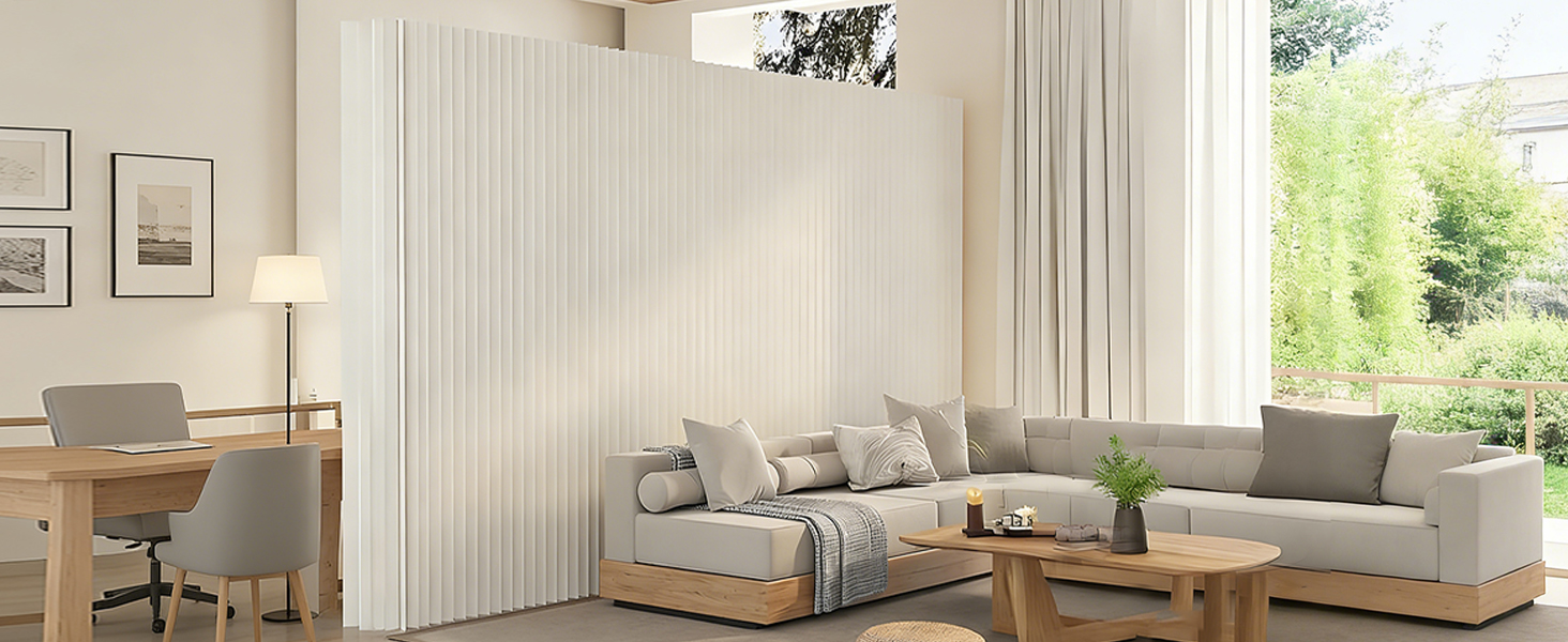 Temporary partition separating a home office from a lounge