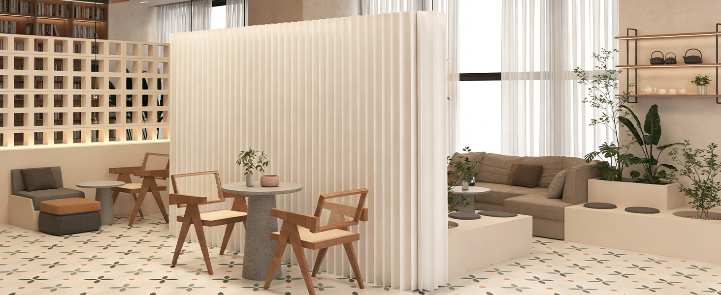 Foldable office partition dividing collaborative seating areas